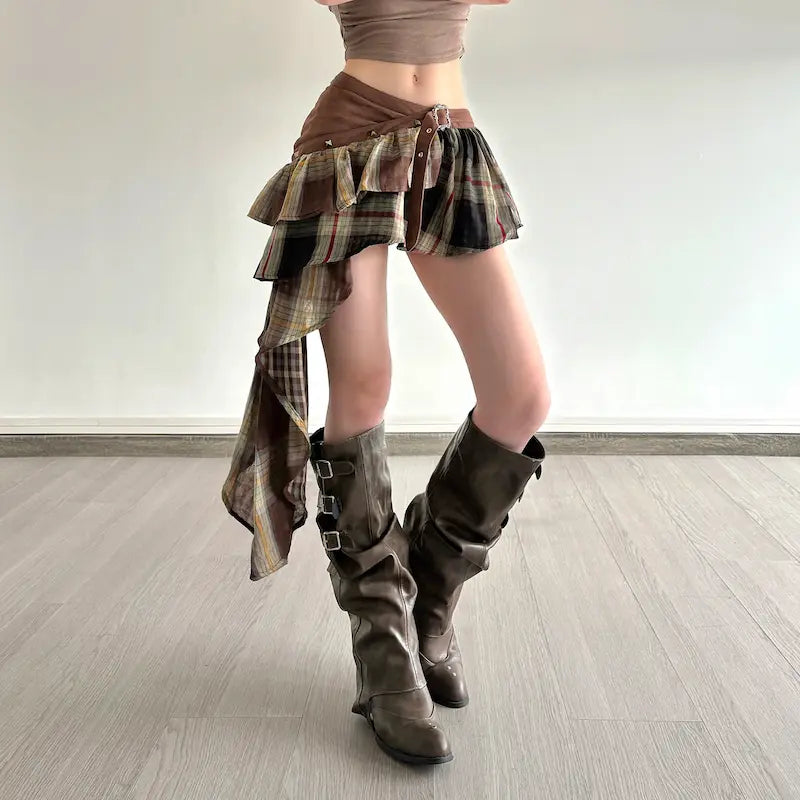Plaid Patchwork Tie Up Mini Skirt