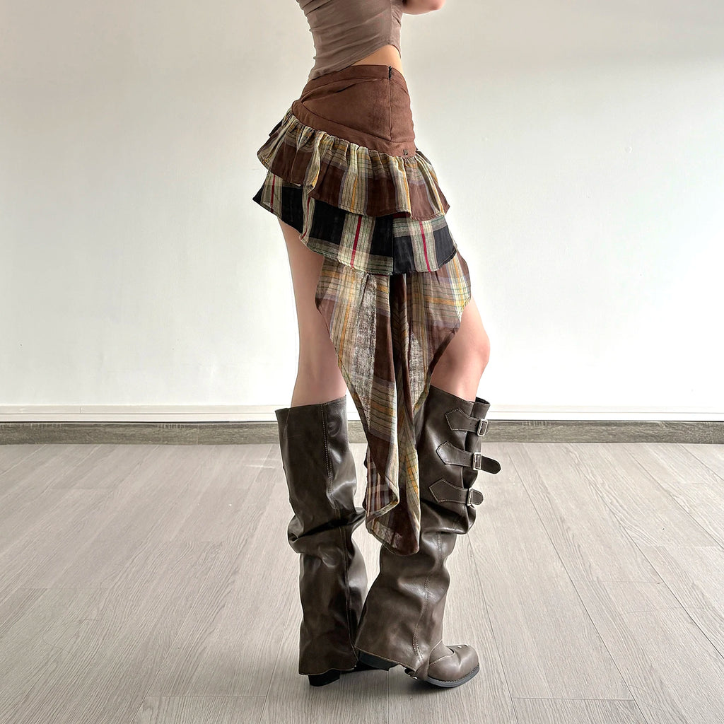 Plaid Patchwork Tie Up Mini Skirt