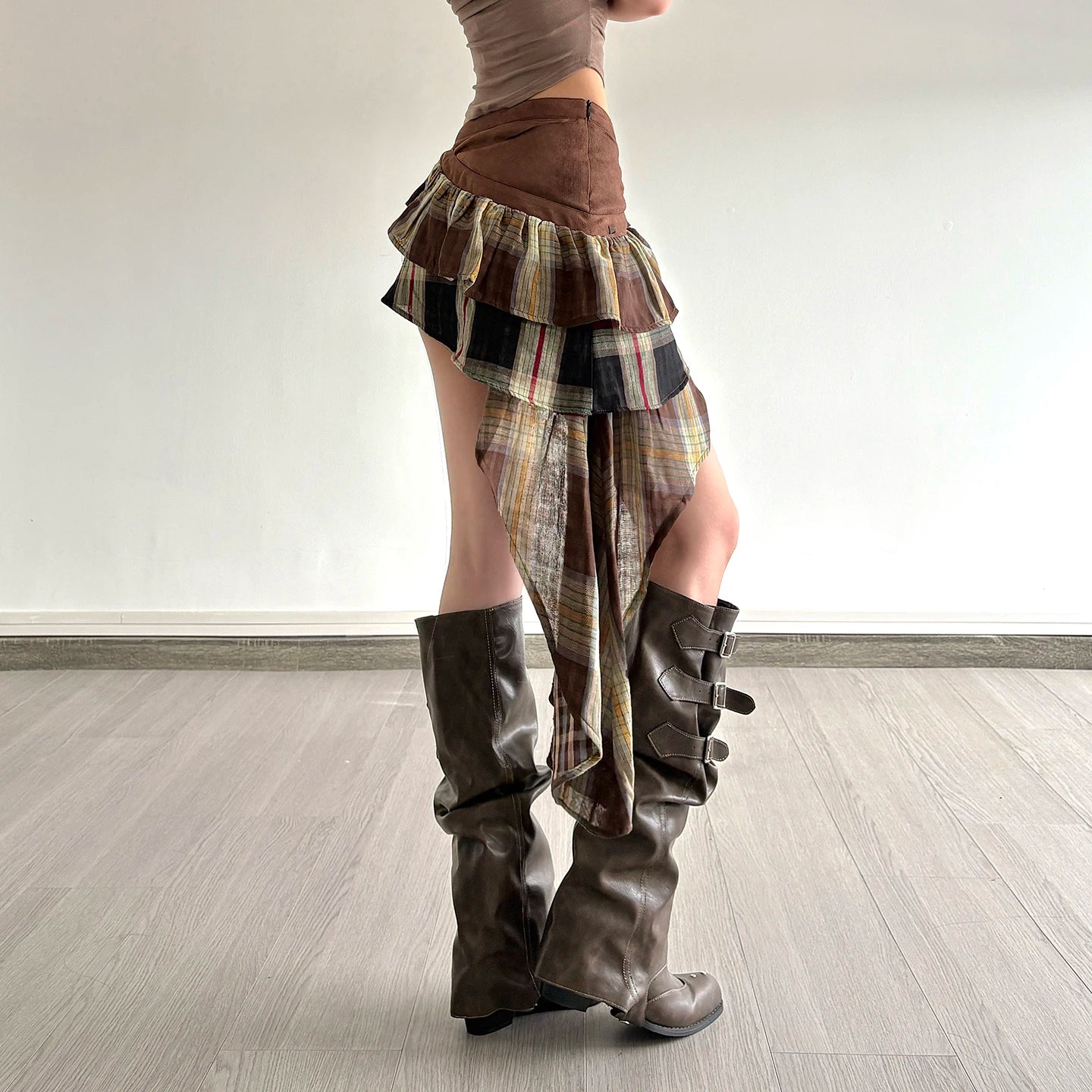 Plaid Patchwork Tie Up Mini Skirt