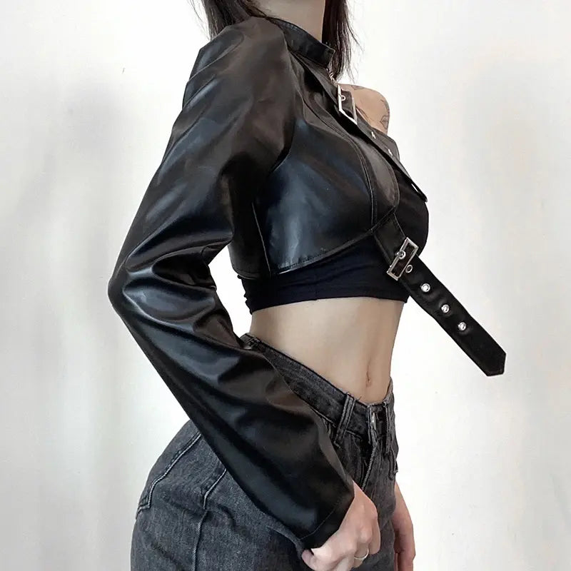One Shoulder Faux Leather Crop Top