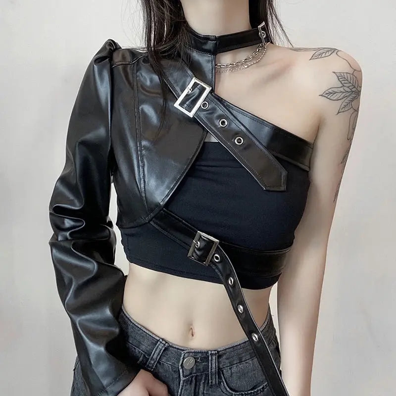 One Shoulder Faux Leather Crop Top