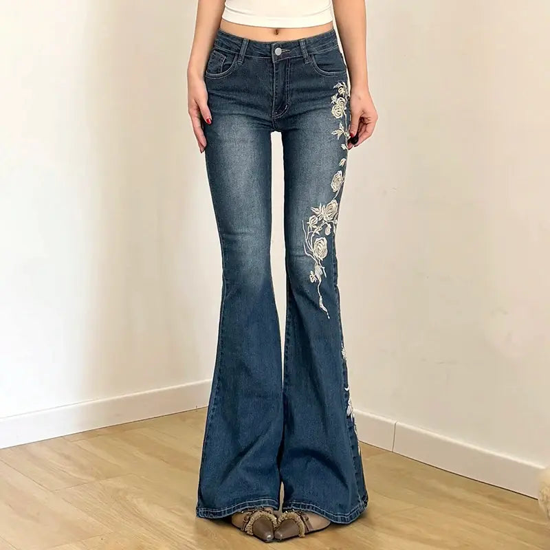 Sexy Vintage Floral Embroidery Low Waist Flare Jeans