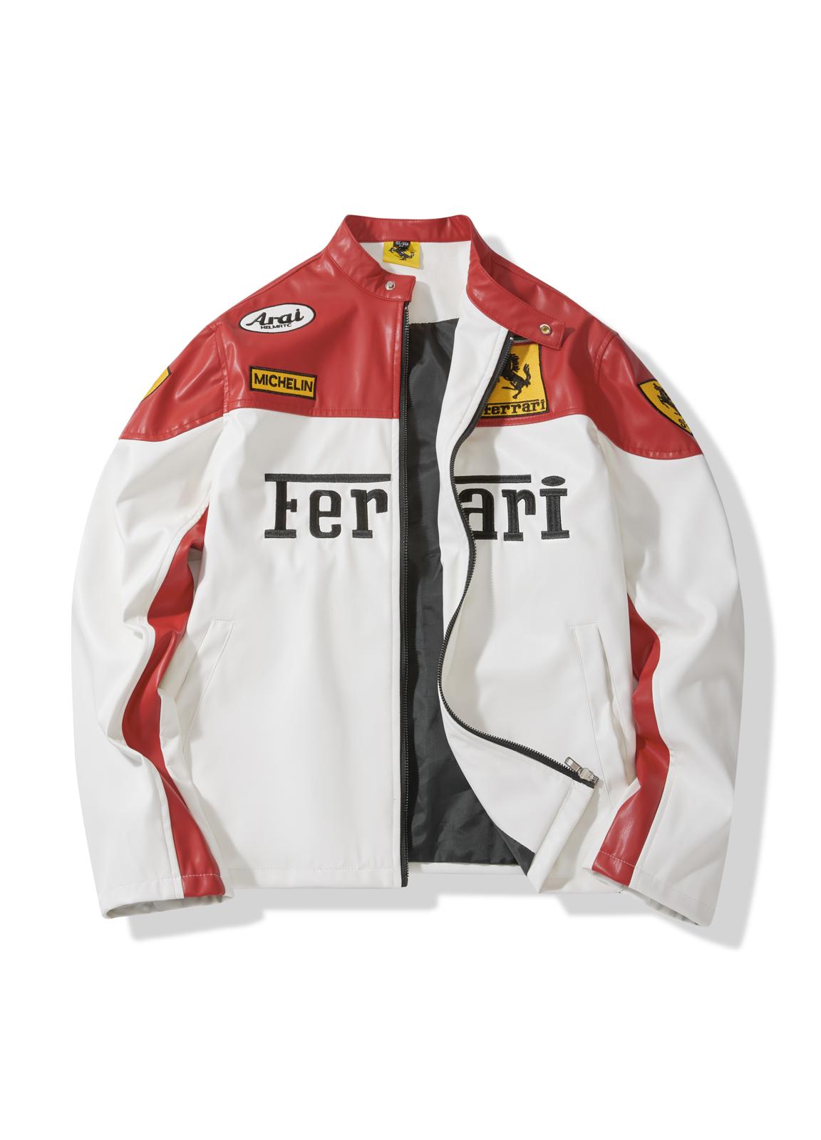 White PU Leather Ferrari Premium F1 Racing Team Jacket – Scuderia Motorsports Zip-Up Coat