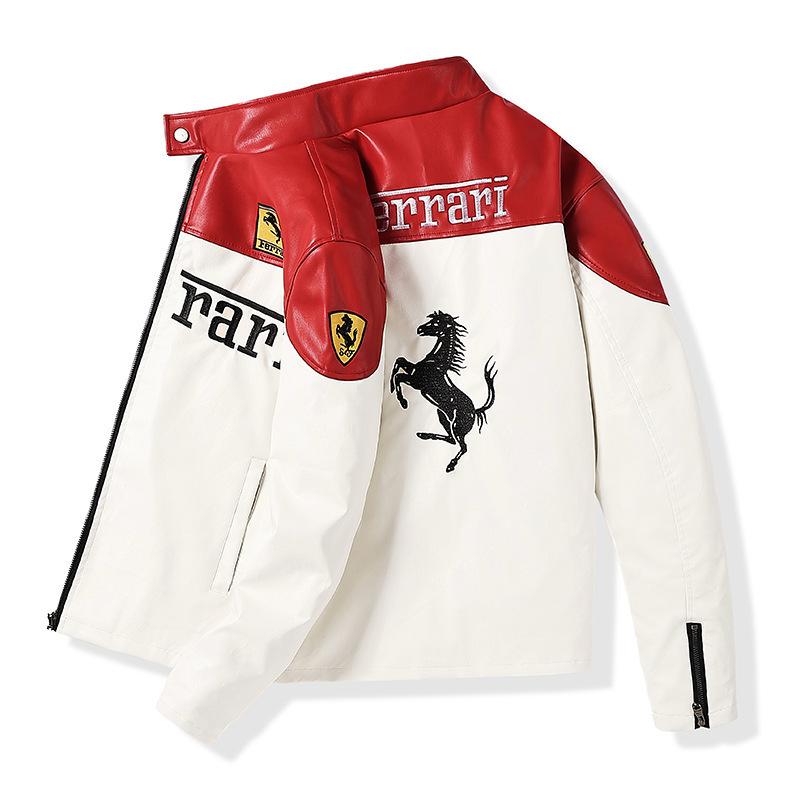 White PU Leather Ferrari Premium F1 Racing Team Jacket – Scuderia Motorsports Zip-Up Coat