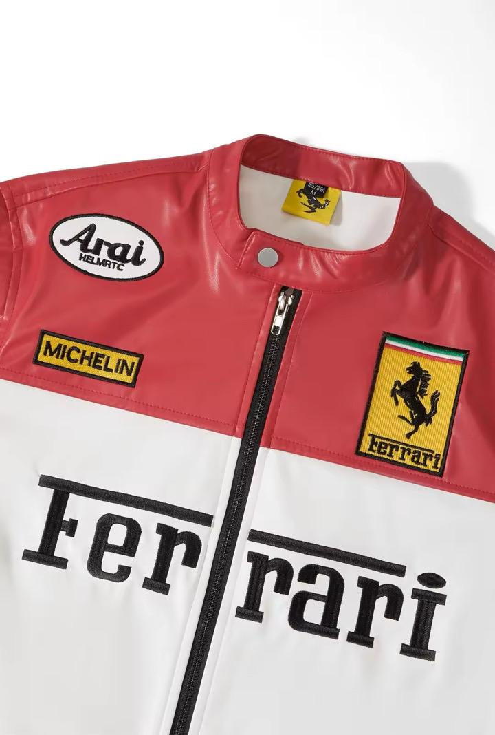 White PU Leather Ferrari Premium F1 Racing Team Jacket – Scuderia Motorsports Zip-Up Coat