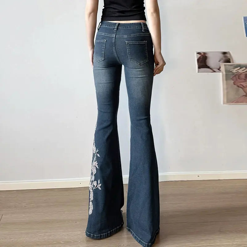 Sexy Vintage Floral Embroidery Low Waist Flare Jeans