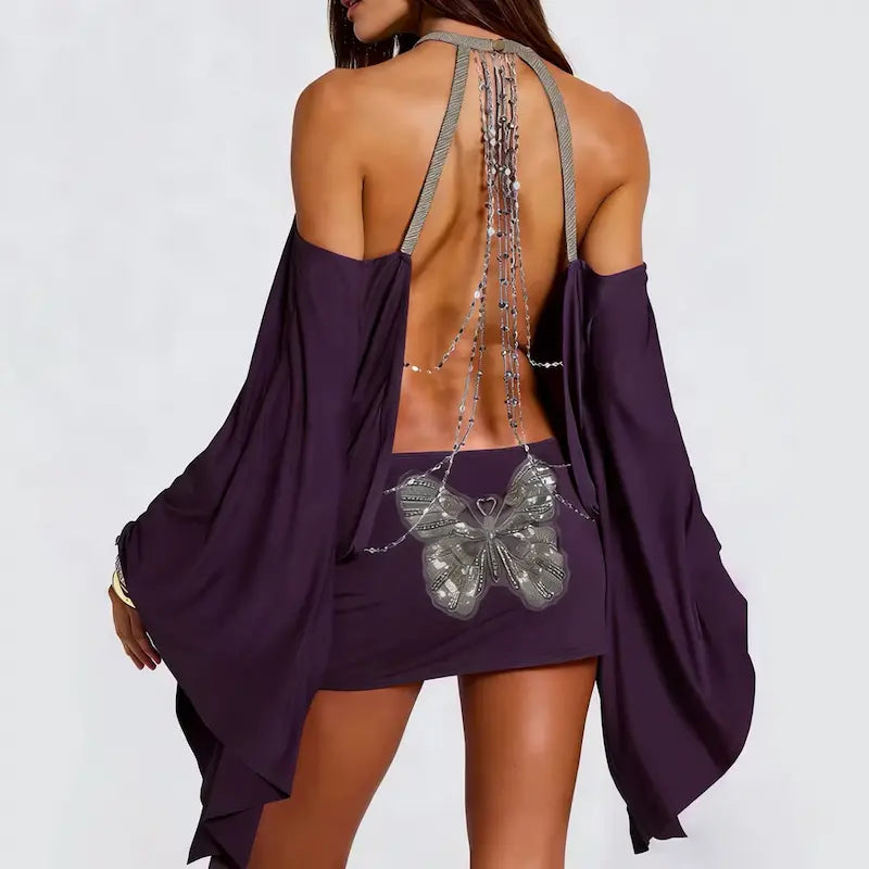 Backless Bodycon Gown with Batwing Sleeves