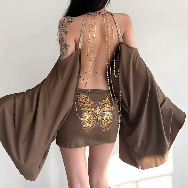 Backless Bodycon Gown with Batwing Sleeves