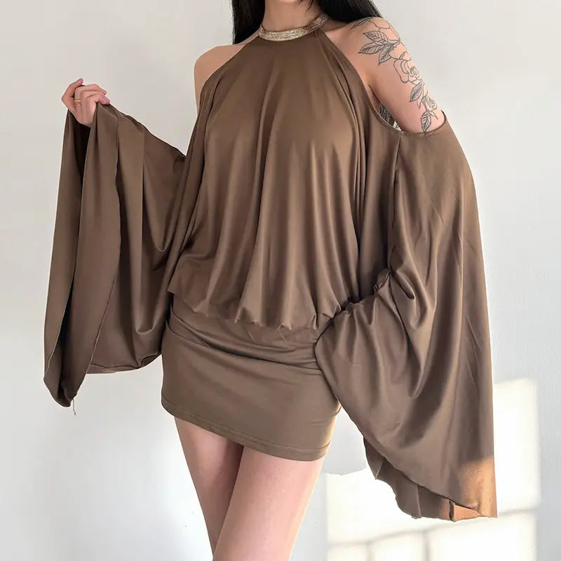 Backless Bodycon Gown with Batwing Sleeves