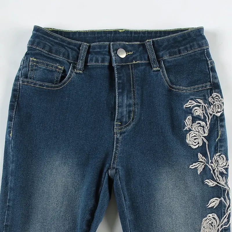 Sexy Vintage Floral Embroidery Low Waist Flare Jeans