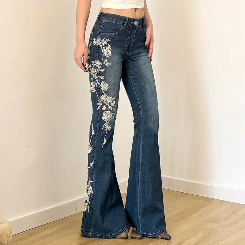 Sexy Vintage Floral Embroidery Low Waist Flare Jeans