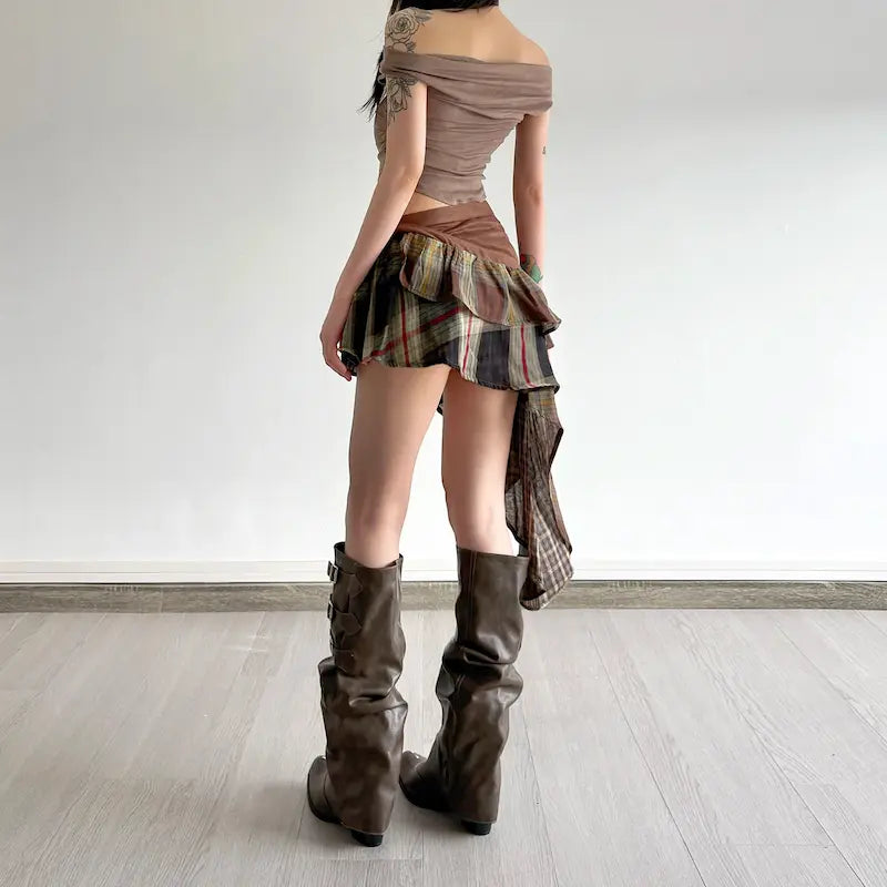 Plaid Patchwork Tie Up Mini Skirt