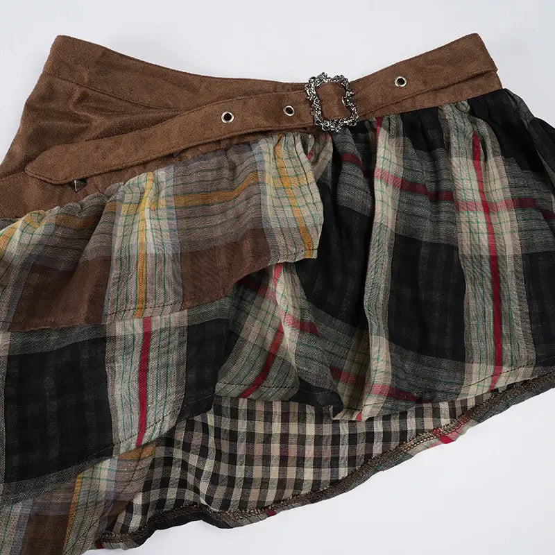 Plaid Patchwork Tie Up Mini Skirt