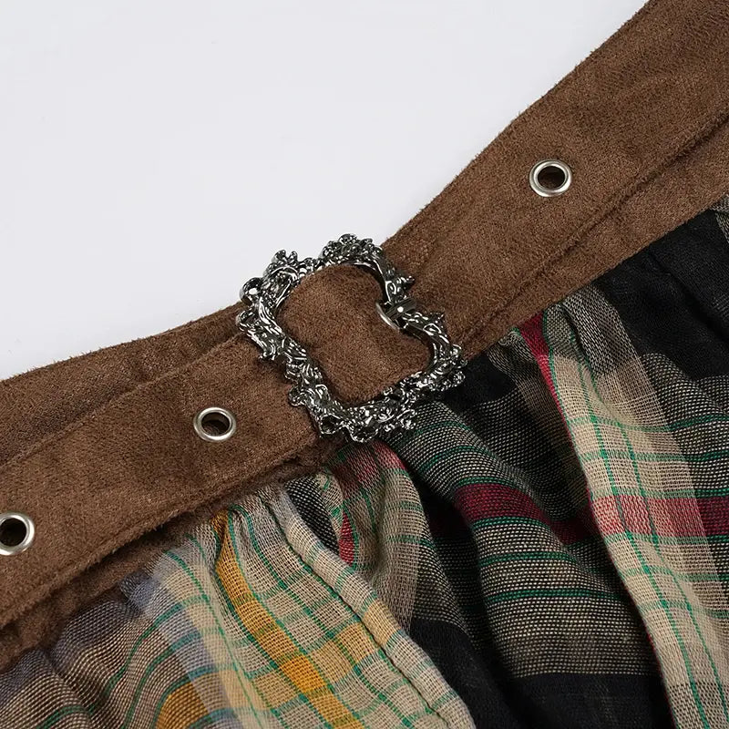 Plaid Patchwork Tie Up Mini Skirt